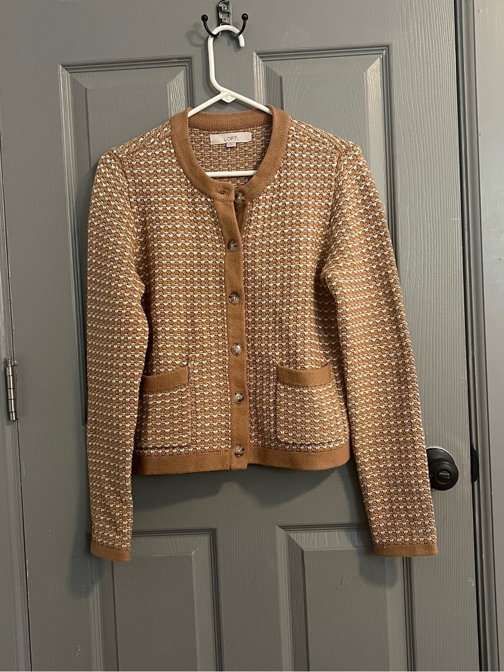 LOFT Camel Cream Knit Tweed Style Button Cardigan Designer Inspired City Preppy